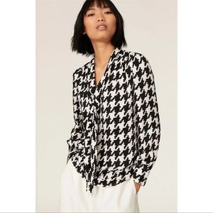 Trina Turk Black and White Houndstooth Tie-Neck Blouse